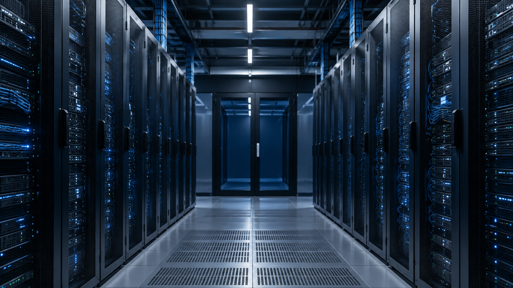 Modern enterprise server racks in a datacentre aisle